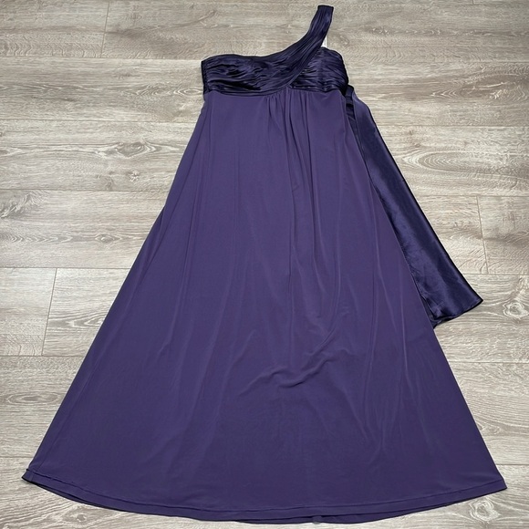 David’s Bridal One Shoulder Long Jersey Dress with Cascade Back Lapis Purple 8 - Picture 9 of 16